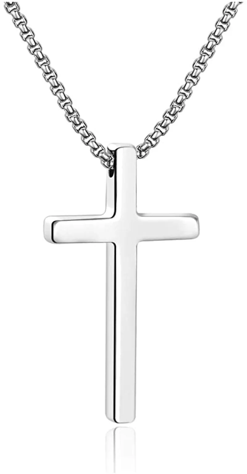 M MOOHAM Cross Necklace for Men, Silver Black Gold Stainless Steel Plain Cross Pendant Necklace for Men Box Chain 16-30 Inch