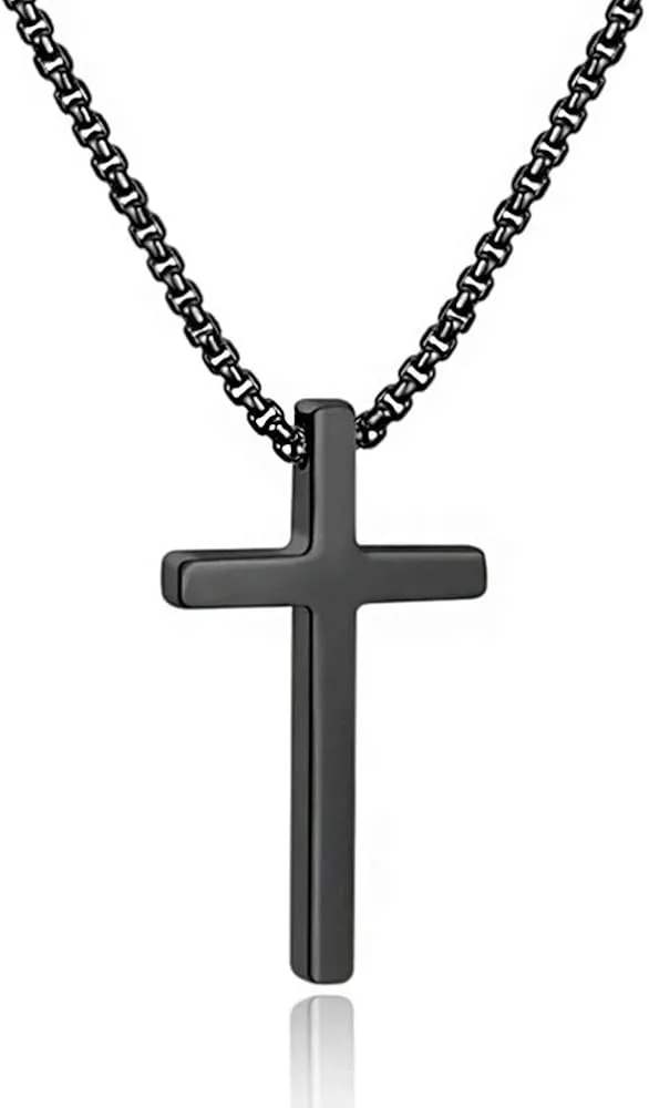 M MOOHAM Cross Necklace for Men, Silver Black Gold Stainless Steel Plain Cross Pendant Necklace for Men Box Chain 16-30 Inch