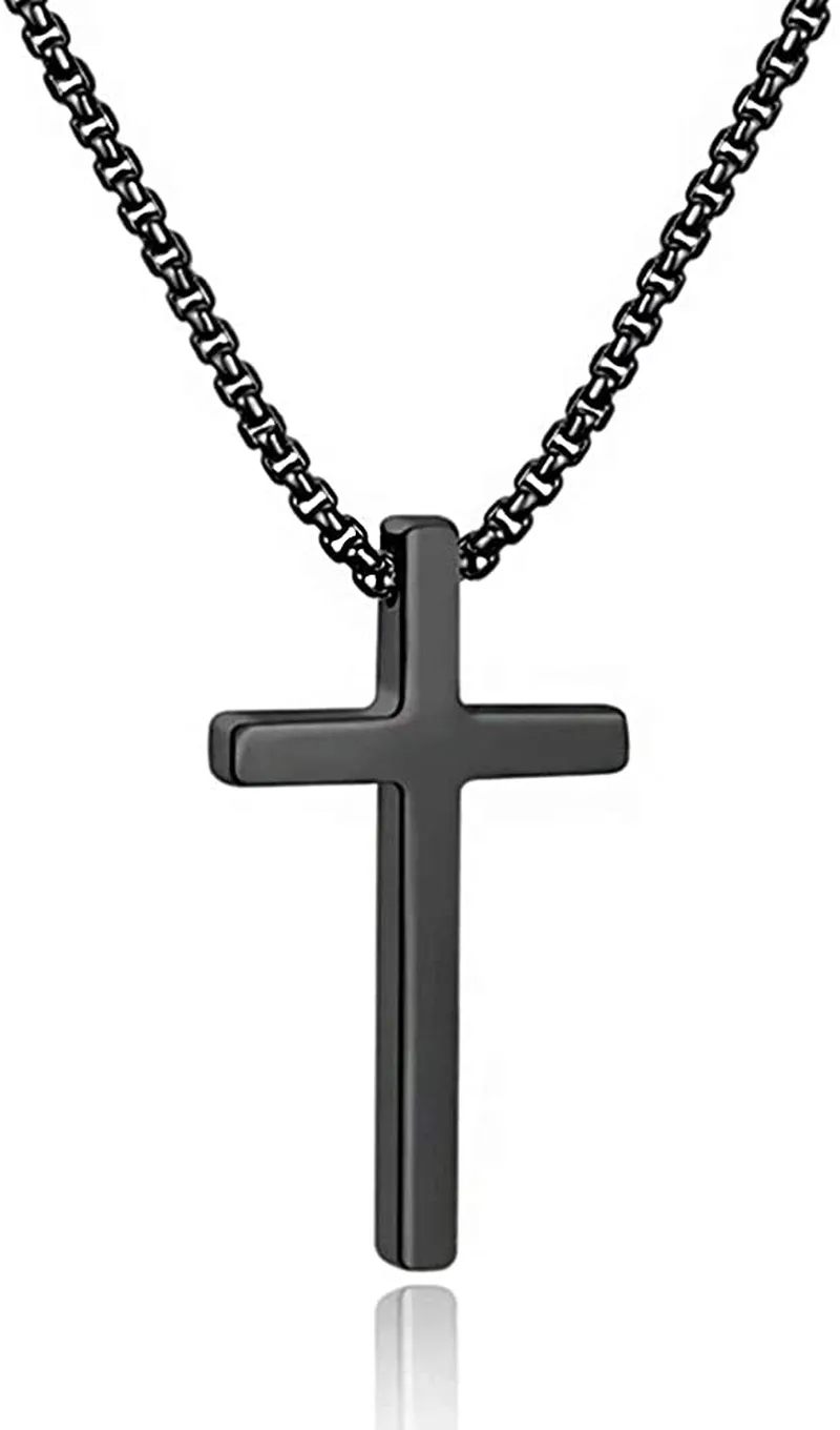 M MOOHAM Cross Necklace for Men, Silver Black Gold Stainless Steel Plain Cross Pendant Necklace for Men Box Chain 16-30 Inch