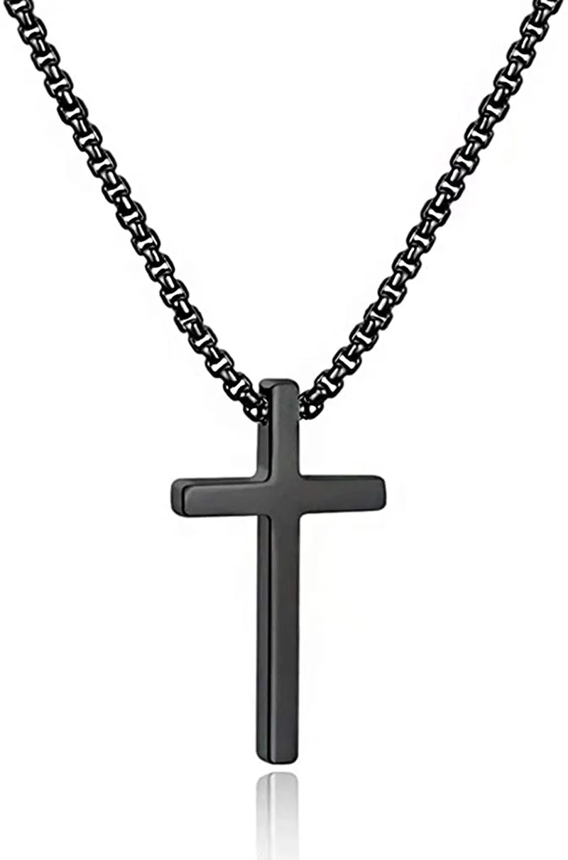 M MOOHAM Cross Necklace for Men, Silver Black Gold Stainless Steel Plain Cross Pendant Necklace for Men Box Chain 16-30 Inch