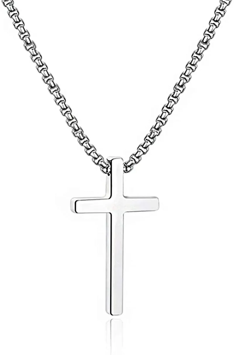 M MOOHAM Cross Necklace for Men, Silver Black Gold Stainless Steel Plain Cross Pendant Necklace for Men Box Chain 16-30 Inch