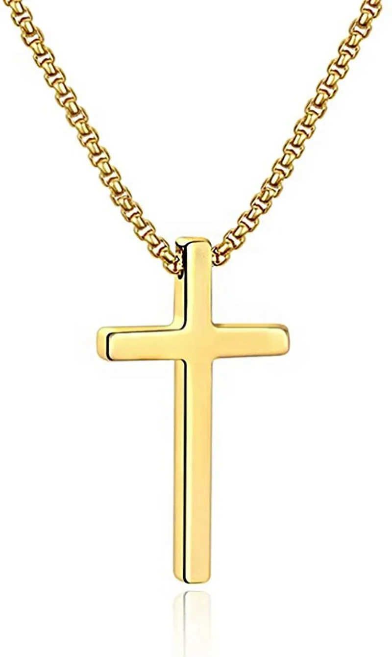 M MOOHAM Cross Necklace for Men, Silver Black Gold Stainless Steel Plain Cross Pendant Necklace for Men Box Chain 16-30 Inch