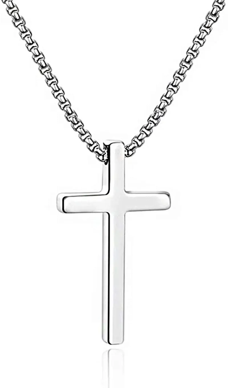 M MOOHAM Cross Necklace for Men, Silver Black Gold Stainless Steel Plain Cross Pendant Necklace for Men Box Chain 16-30 Inch