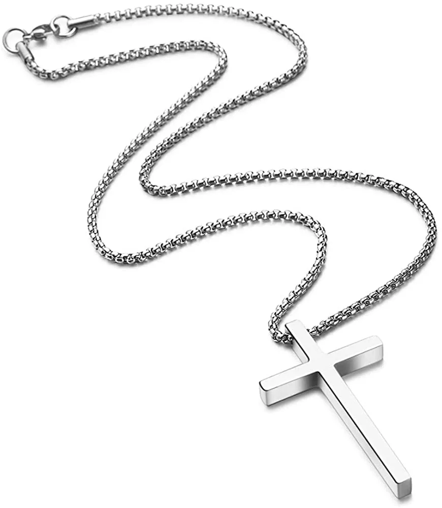 M MOOHAM Cross Necklace for Men, Silver Black Gold Stainless Steel Plain Cross Pendant Necklace for Men Box Chain 16-30 Inch