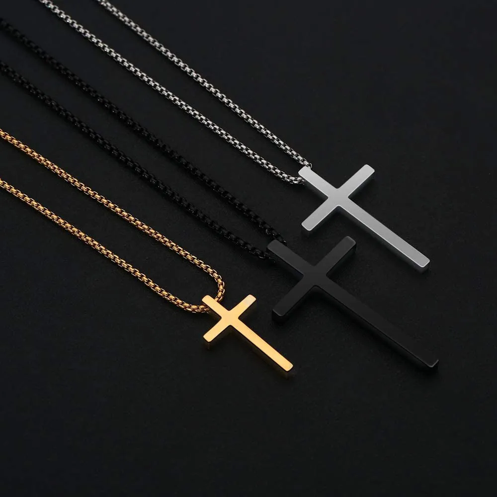 M MOOHAM Cross Necklace for Men, Silver Black Gold Stainless Steel Plain Cross Pendant Necklace for Men Box Chain 16-30 Inch