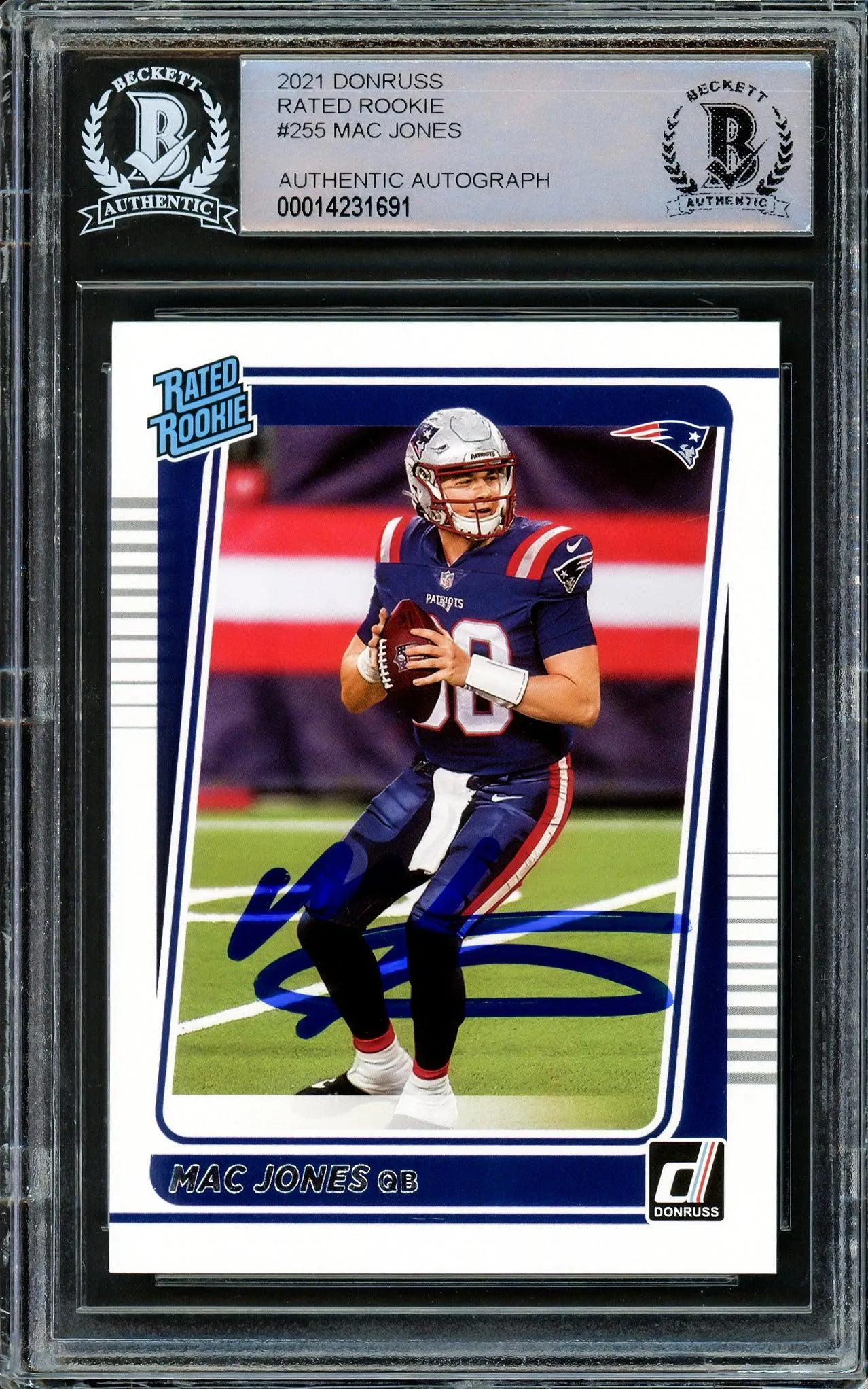 Mac Jones Autographed 2021 Donruss Rated Rookie Card #255 New England Patriots Beckett BAS Stock #206630