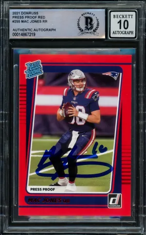 Mac Jones Autographed 2021 Donruss Rated Rookie Red Press Proof Rookie Card #255 New England Patriots Auto Grade Gem Mint 10 Beckett BAS #14867219