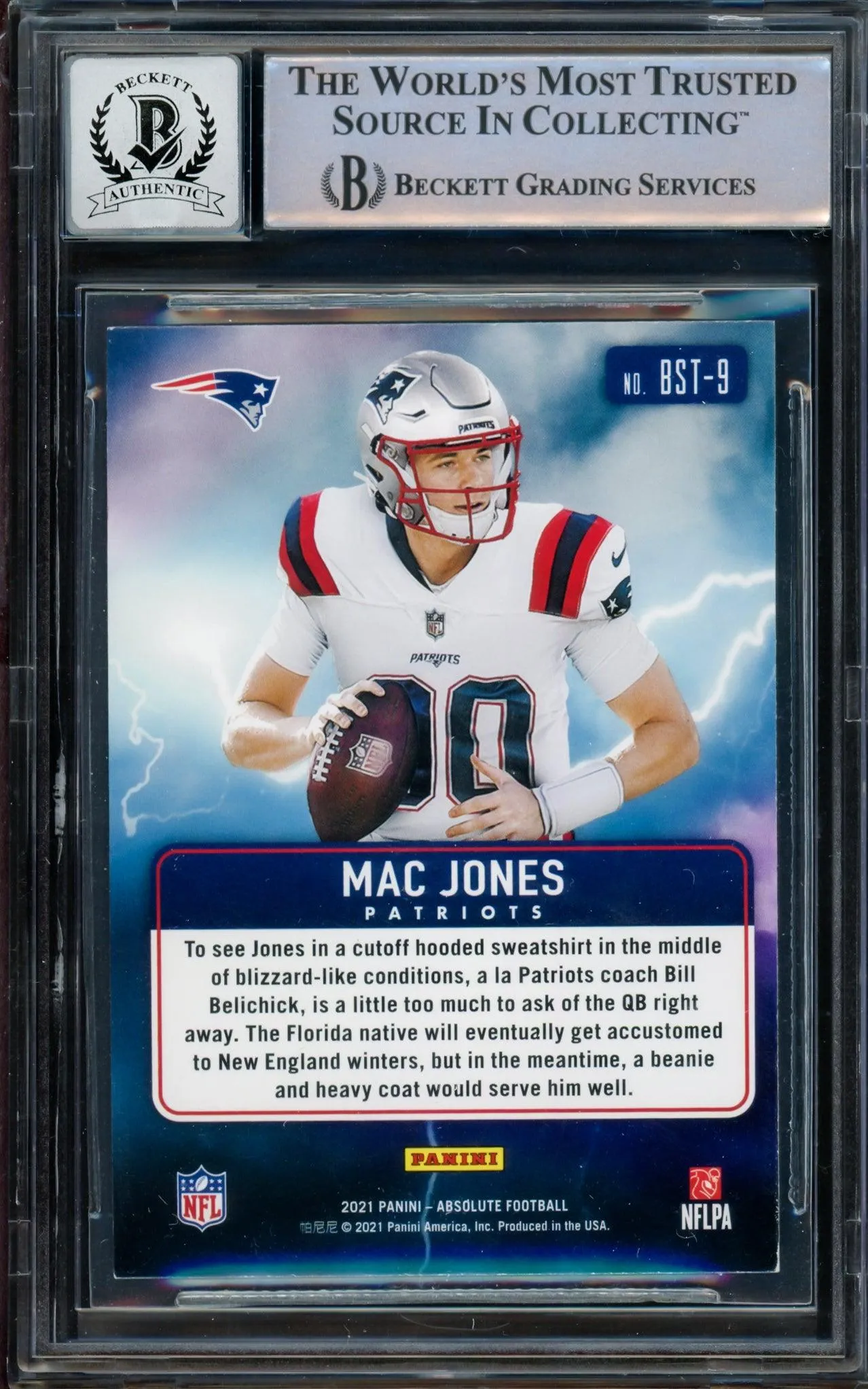 Mac Jones Autographed 2021 Panini Absolute By Storm Rookie Card #BST-9 New England Patriots Auto Grade Gem Mint 10 Beckett BAS #14236024