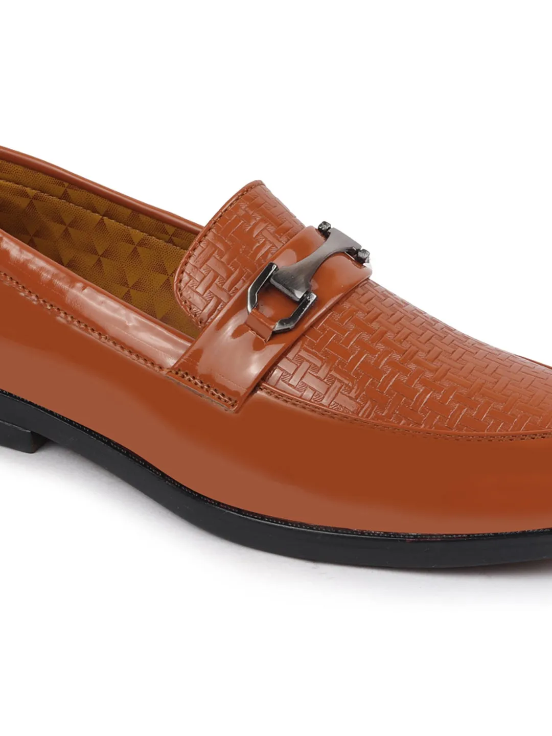 Men Tan Patent Leather Party/Formal Horsebit Slip On Shoes with Textured Details