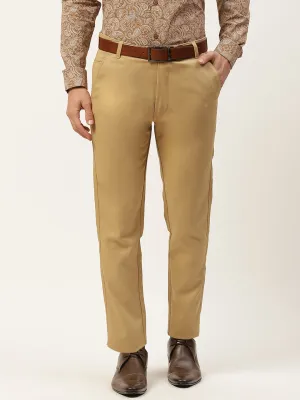 Men's Cotton Blend Khaki Woven Design Formal Trousers - Sojanya