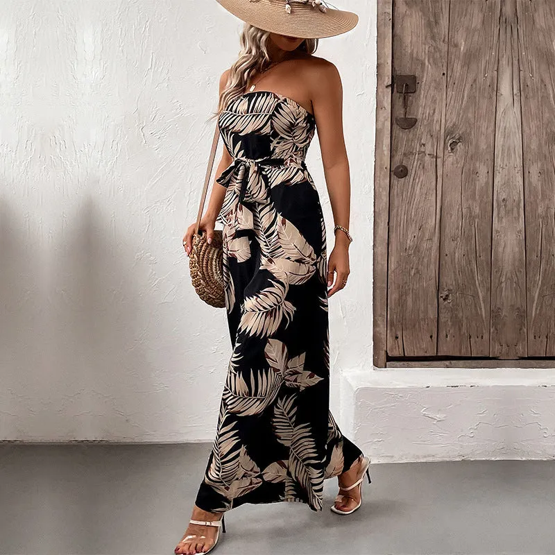 METAVERSMALL Temu foreign trade vacation style jumpsuit New summer new  women's clothing 2025 printed tube top jumpsuit