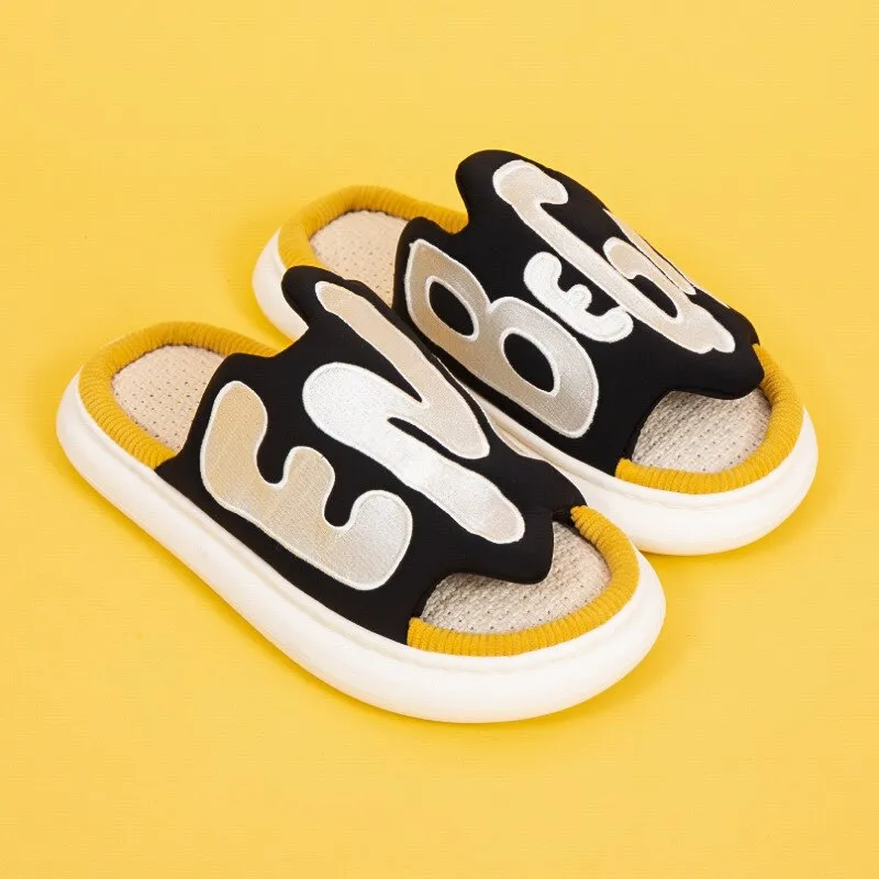 Mo Dou  New Four Season Linen Slippers Women Men Unisex Open Toe Letter Embroidery Vamp Cool Outdoor Soft Hemp Cotton Shoes