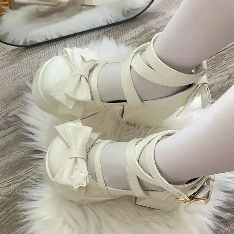 New Sweet Vintage Mary Janes Shoes Women Star Buckle Lolita Kawaii Platform Shoes Female Bow-knot Cute Designer Shoes