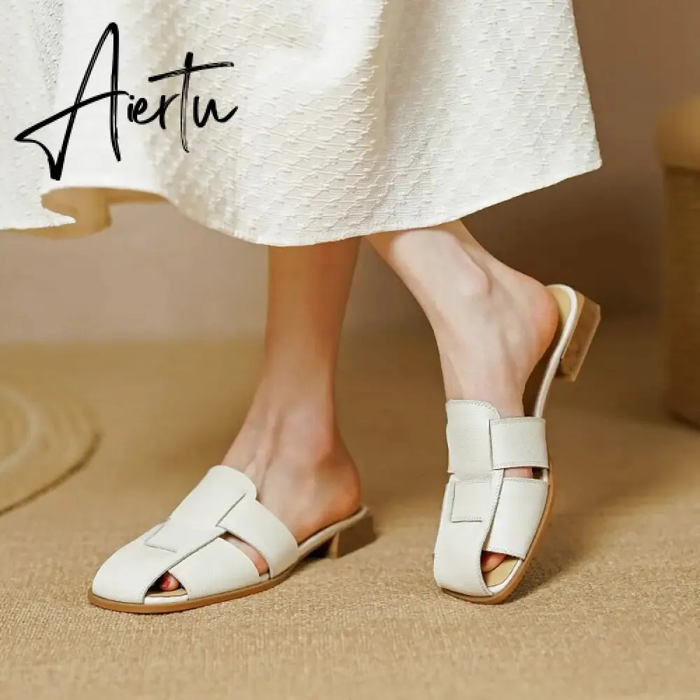 New Women Sandals Rome Style Mules Casual Slippers Spring Summer Low Heels Genuine Leather Shoes Woman Fashion Concise