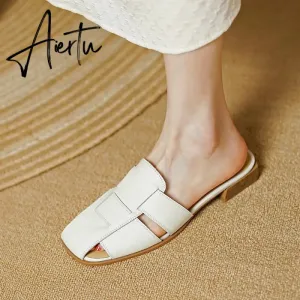 New Women Sandals Rome Style Mules Casual Slippers Spring Summer Low Heels Genuine Leather Shoes Woman Fashion Concise