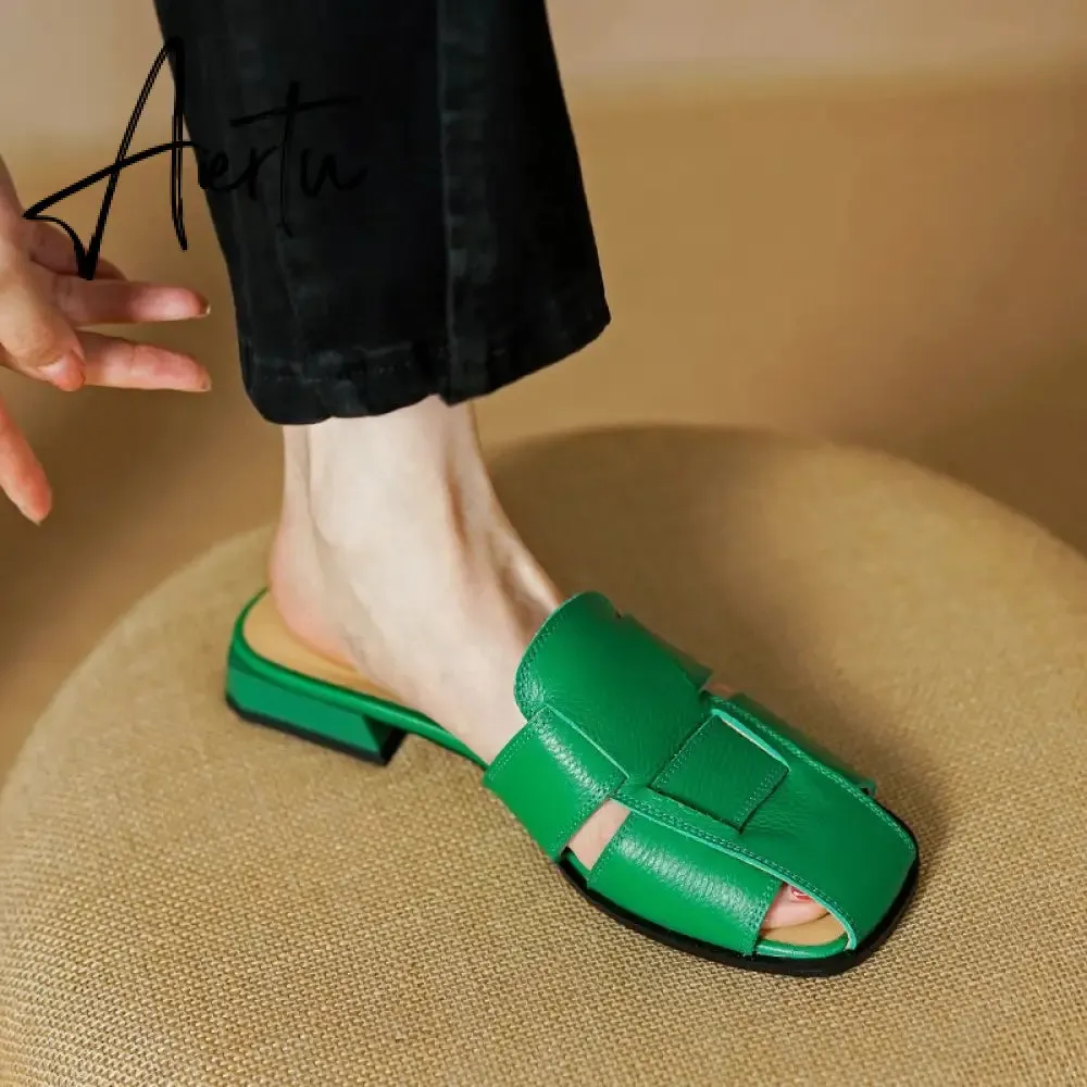 New Women Sandals Rome Style Mules Casual Slippers Spring Summer Low Heels Genuine Leather Shoes Woman Fashion Concise