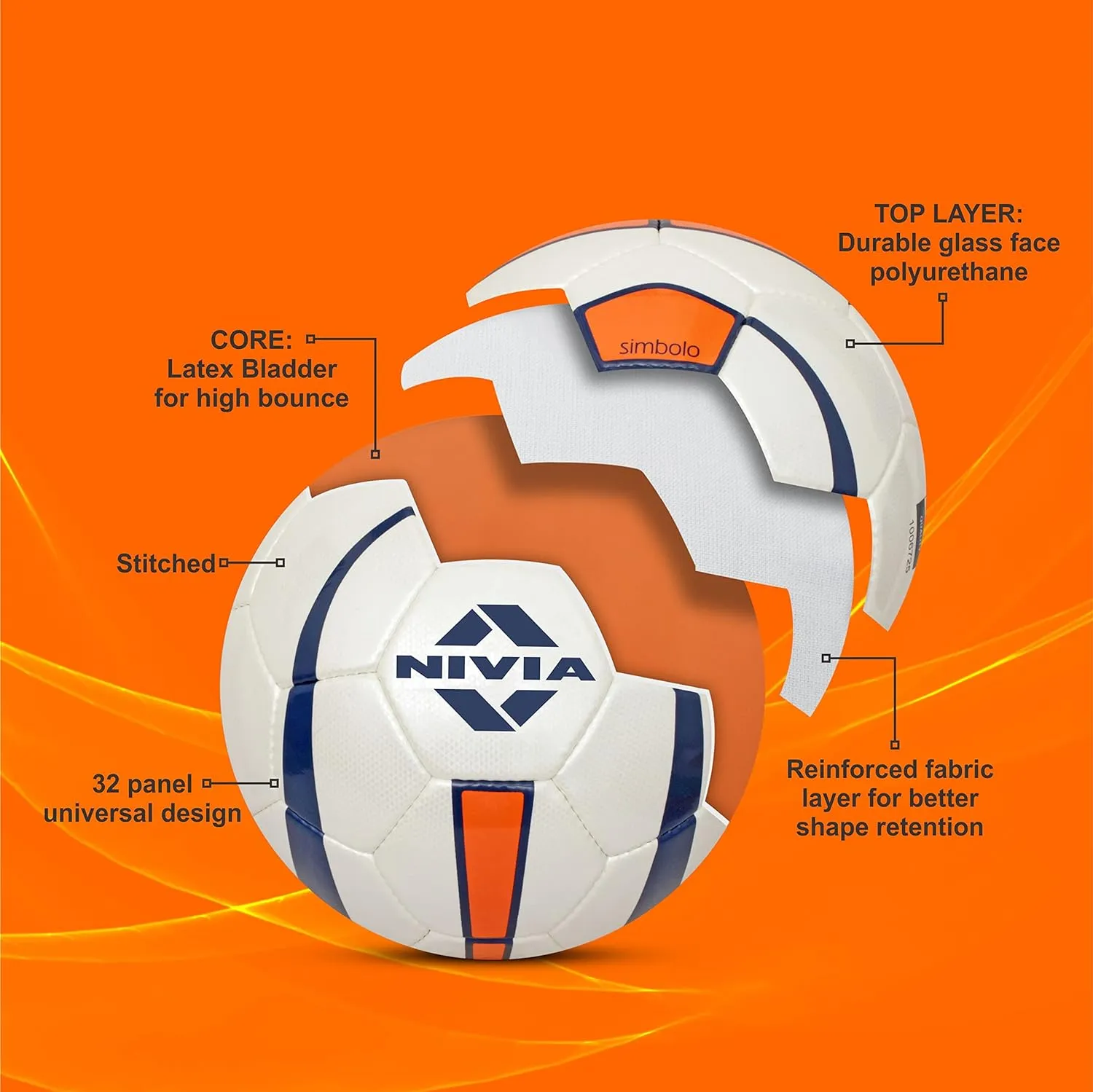 Nivia Simbolo Football/PU Stitched Construction/ 32 Panel/Suitable for Hard Ground with Grass/International Match Ball/Size - 5 (Multicolour)