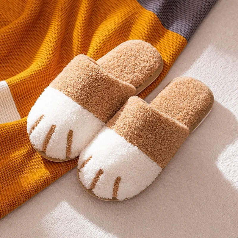 Purpdrank - Winter Warm Plush Slippers Cute Cat Paw Designer House Women Fur Slippers Floor Mute Bedroom Lovers Indoor Fluffy Shoes