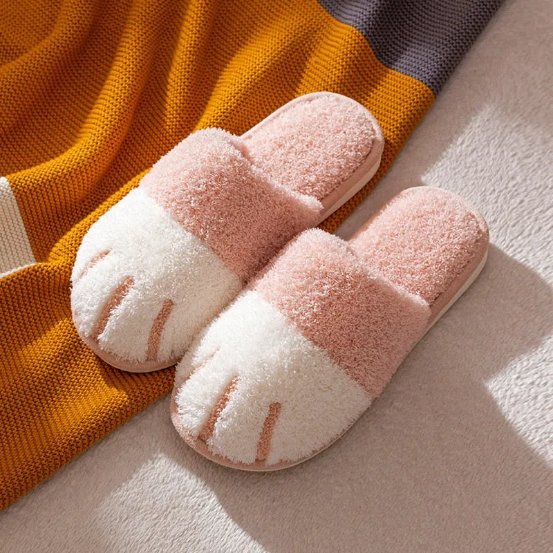 Purpdrank - Winter Warm Plush Slippers Cute Cat Paw Designer House Women Fur Slippers Floor Mute Bedroom Lovers Indoor Fluffy Shoes