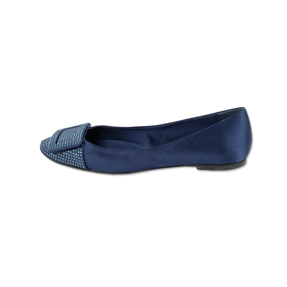 Roger Vivier Navy Satin Round Toe Flats with Crystal Cap Toe