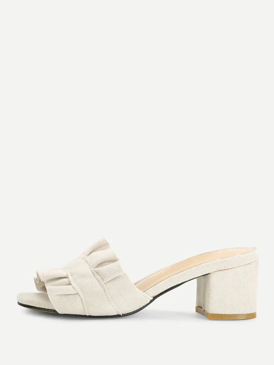 Ruffle Detail Block Heeled Mules