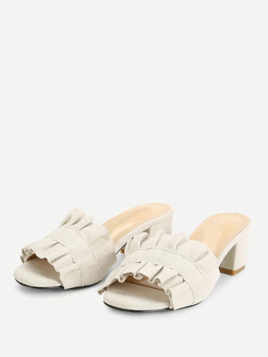 Ruffle Detail Block Heeled Mules