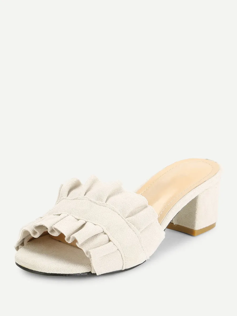 Ruffle Detail Block Heeled Mules