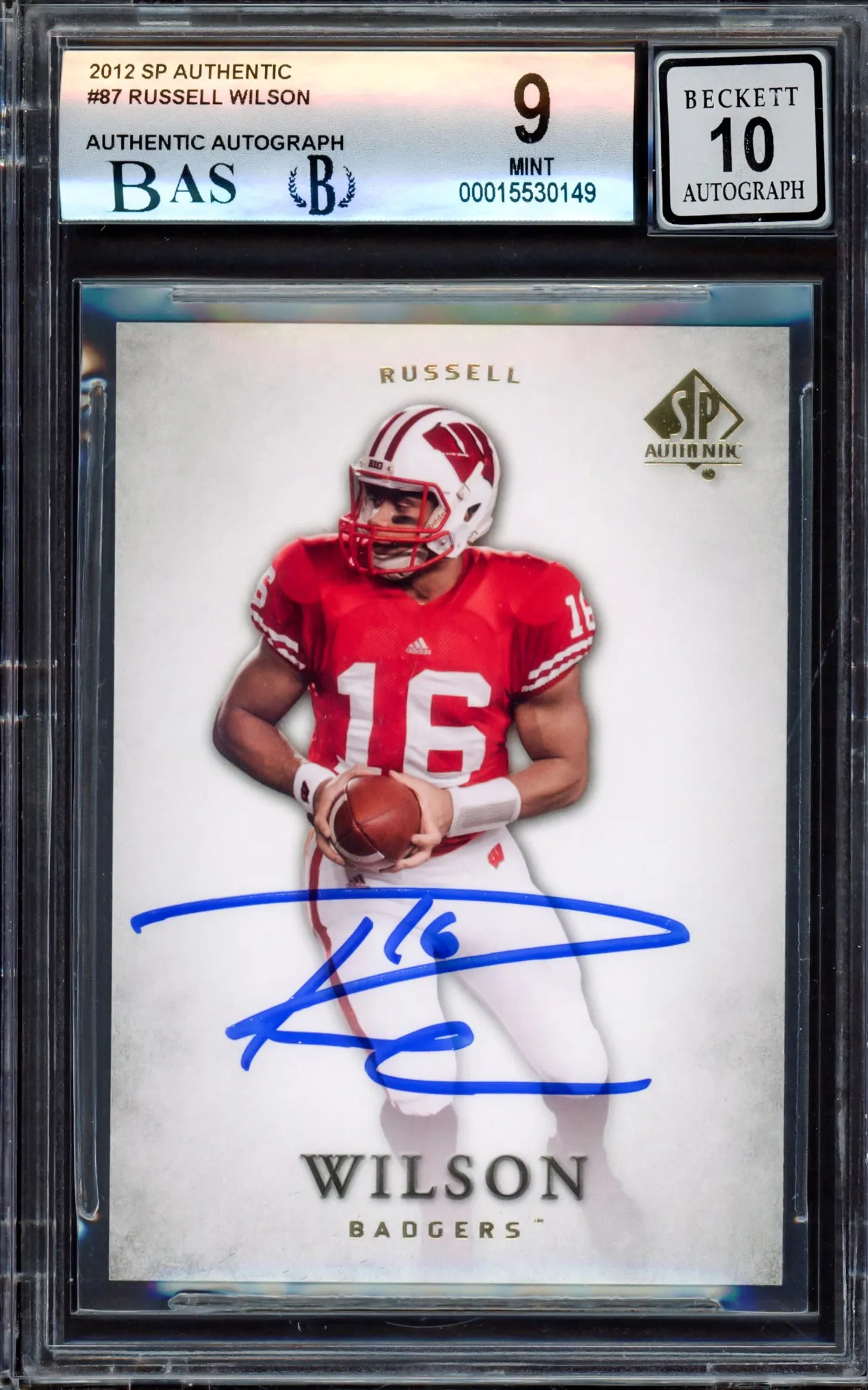 Russell Wilson Autographed 2012 SP Authentic Rookie Card #87 Wisconsin Badgers BGS 9 Auto Grade Gem Mint 10 Beckett BAS Stock #214872