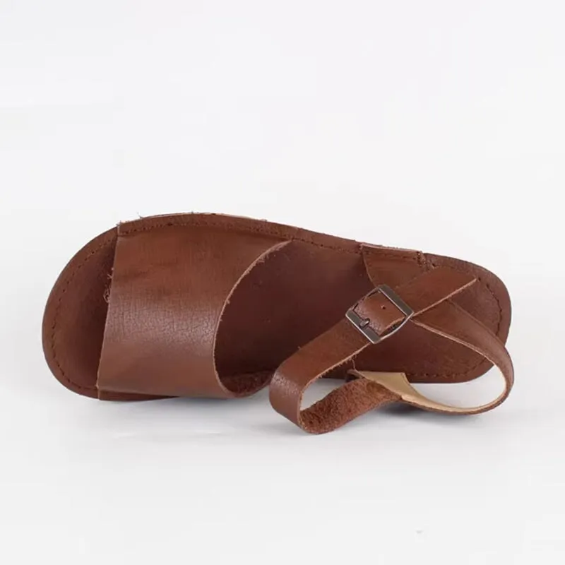 Slingback Leather Buckle Sandals Open Toe Retro Handmade Coffee/Khaki