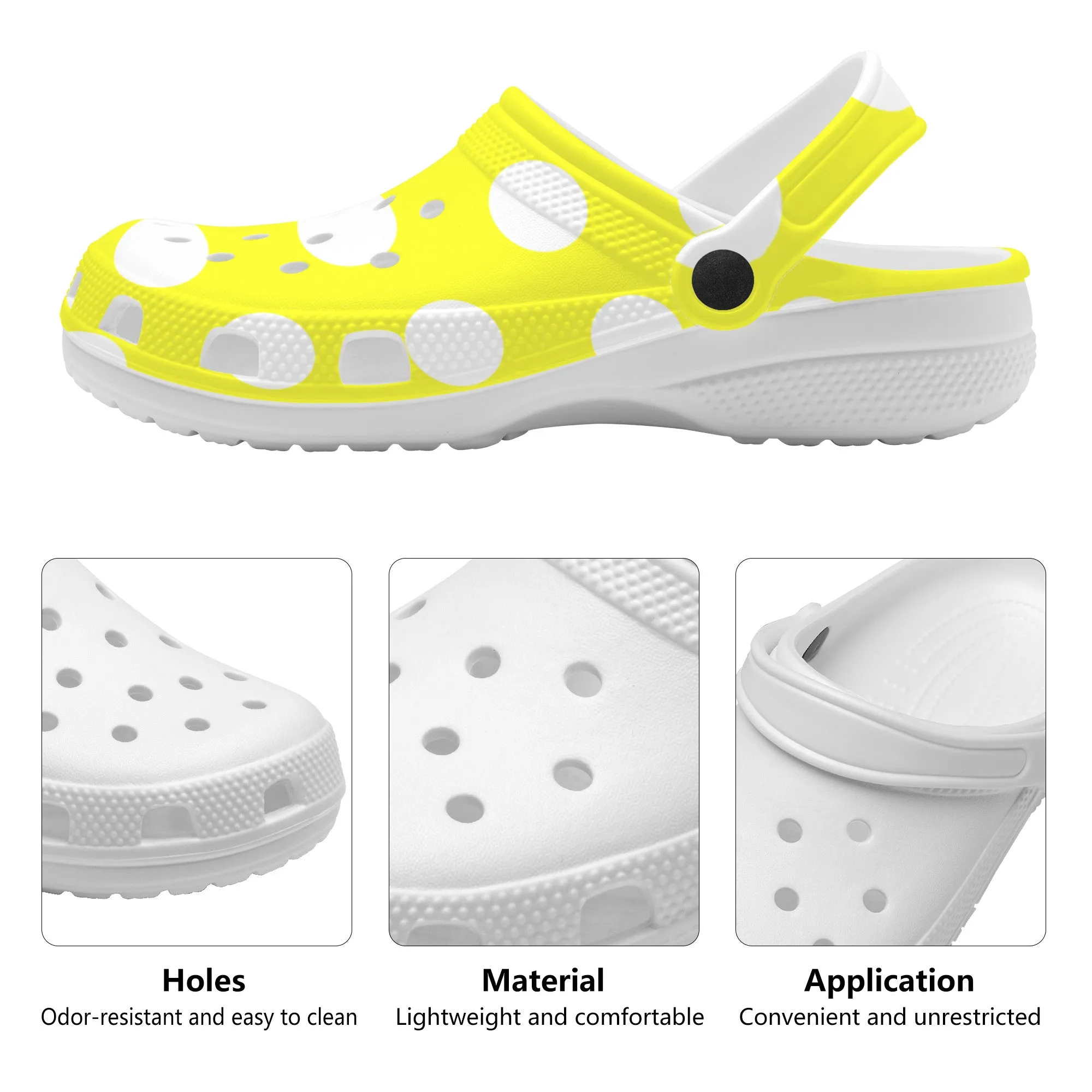 Snooty Fox Art Crocs Clogs - Yellow with White Polka Dots