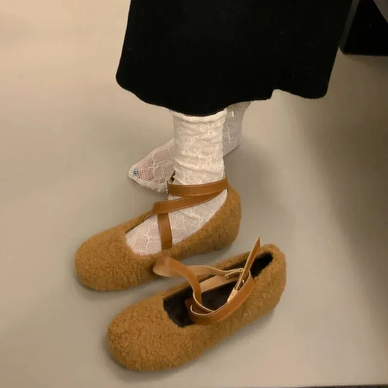 Sohiwoo Mary Jane Heightening Single Shoes Female Autumn Winter New Cute Lamb Wool Shoes Warm and Comfortable Ballet Shoes