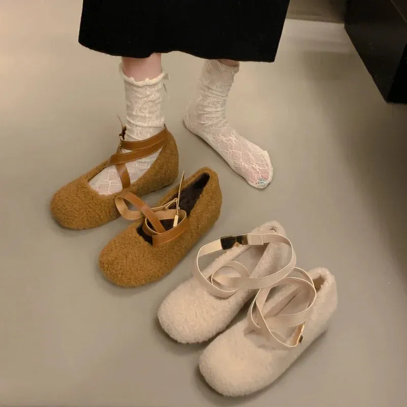 Sohiwoo Mary Jane Heightening Single Shoes Female Autumn Winter New Cute Lamb Wool Shoes Warm and Comfortable Ballet Shoes