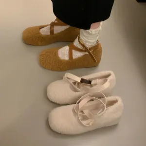 Sohiwoo Mary Jane Heightening Single Shoes Female Autumn Winter New Cute Lamb Wool Shoes Warm and Comfortable Ballet Shoes