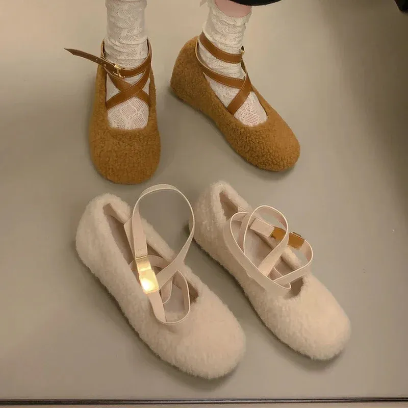 Sohiwoo Mary Jane Heightening Single Shoes Female Autumn Winter New Cute Lamb Wool Shoes Warm and Comfortable Ballet Shoes