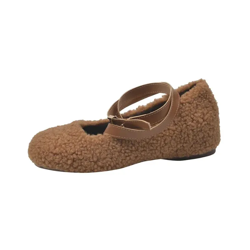 Sohiwoo Mary Jane Heightening Single Shoes Female Autumn Winter New Cute Lamb Wool Shoes Warm and Comfortable Ballet Shoes