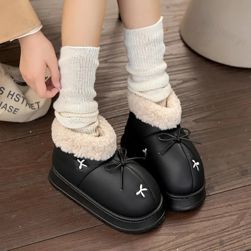 Sohiwoo New 2025 Winter Women Fashion Bowknot Cotton Shoes Thick Sole Waterproof Snow Boots Woman Thick Plush Warm Platform Ankle Boots