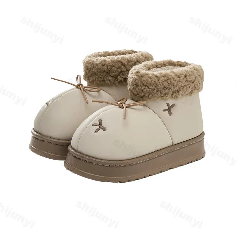 Sohiwoo New 2025 Winter Women Fashion Bowknot Cotton Shoes Thick Sole Waterproof Snow Boots Woman Thick Plush Warm Platform Ankle Boots