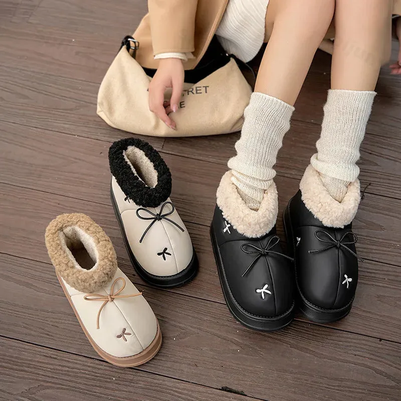 Sohiwoo New 2025 Winter Women Fashion Bowknot Cotton Shoes Thick Sole Waterproof Snow Boots Woman Thick Plush Warm Platform Ankle Boots