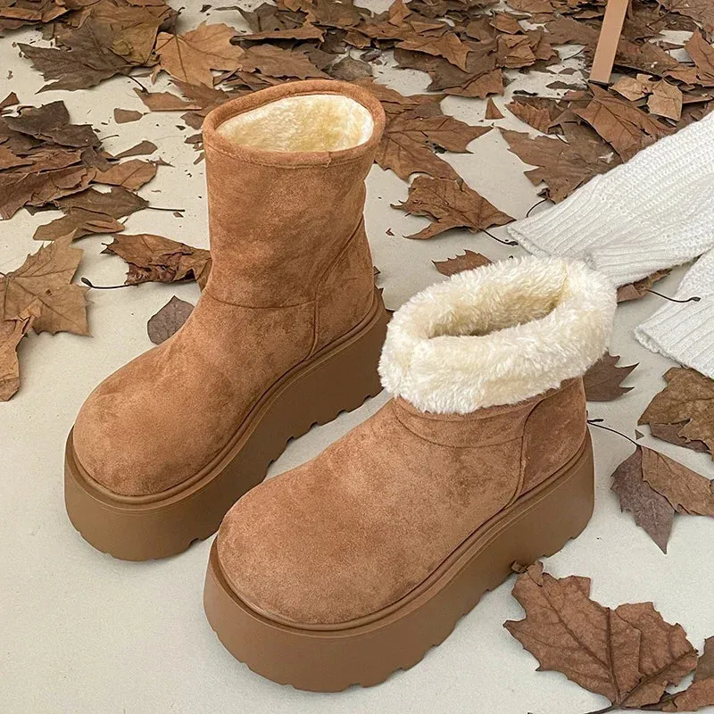 Sohiwoo Platform Heel Women Warm Plush Snow Boots Fashion Slip On Short Booties Winter Concise Women's Cotton Shoes