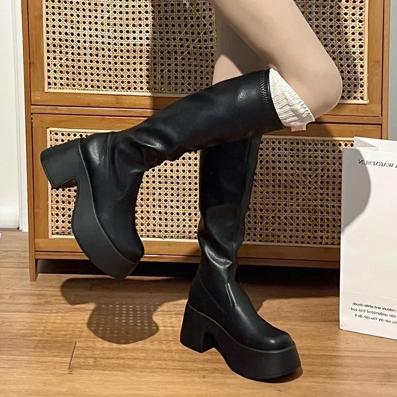 Sohiwoo Platform Square Heel Women Knee High Boots Fashion Round Toe Zippers Shoes Autumn Laides Concise Long Botas De Mujer