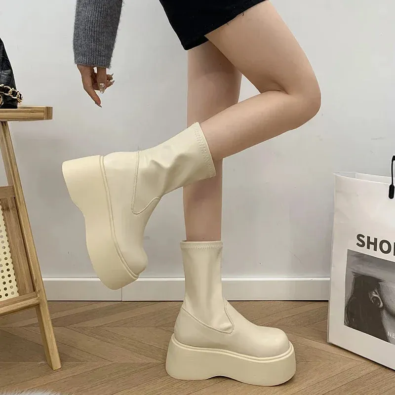 Sohiwoo Street Style Winter Platform Women Ankle Boots Fashion Slip On Modern Short Booties Concise Square Heels Shoes