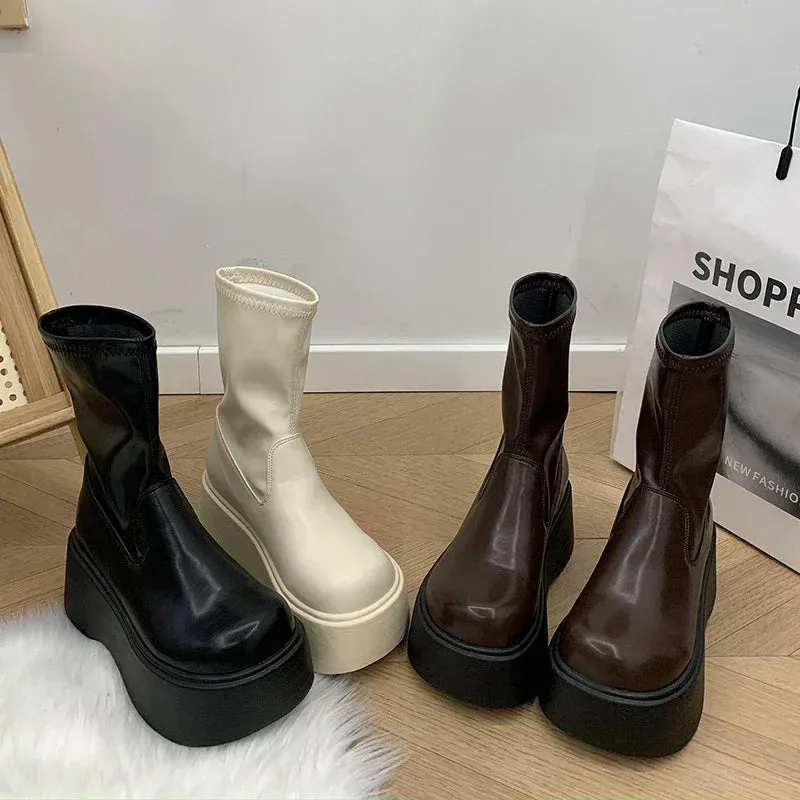 Sohiwoo Street Style Winter Platform Women Ankle Boots Fashion Slip On Modern Short Booties Concise Square Heels Shoes