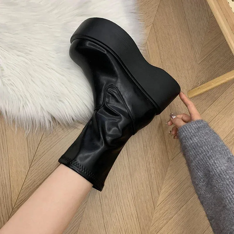 Sohiwoo Street Style Winter Platform Women Ankle Boots Fashion Slip On Modern Short Booties Concise Square Heels Shoes