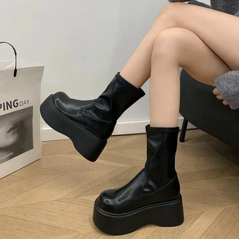 Sohiwoo Street Style Winter Platform Women Ankle Boots Fashion Slip On Modern Short Booties Concise Square Heels Shoes