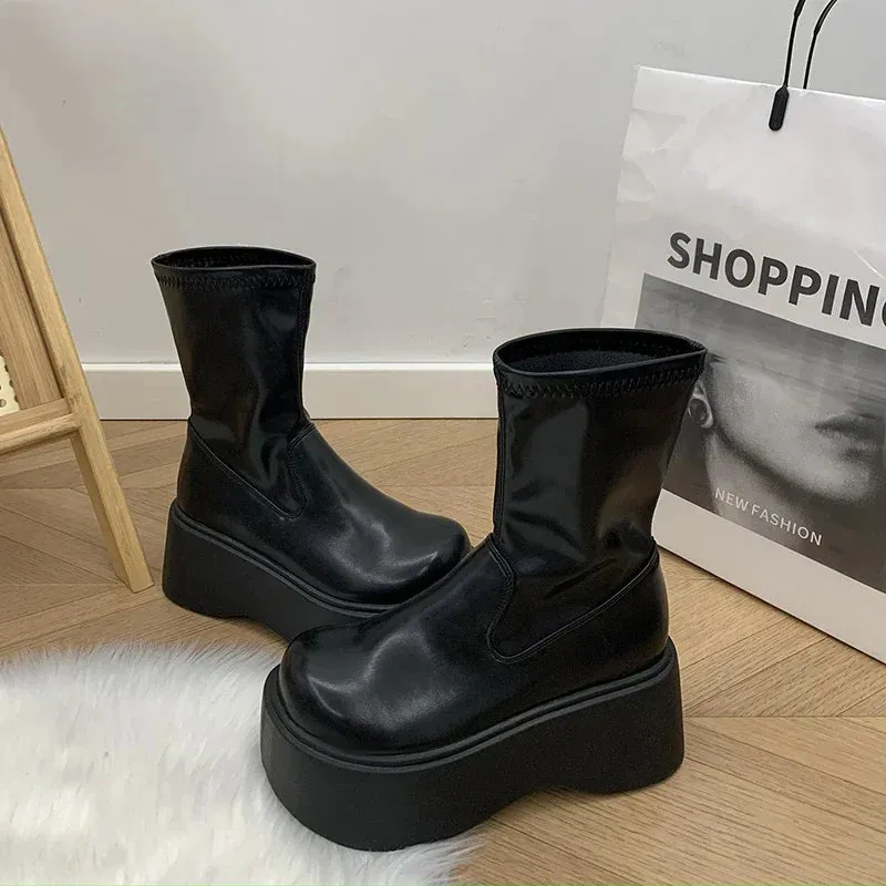 Sohiwoo Street Style Winter Platform Women Ankle Boots Fashion Slip On Modern Short Booties Concise Square Heels Shoes