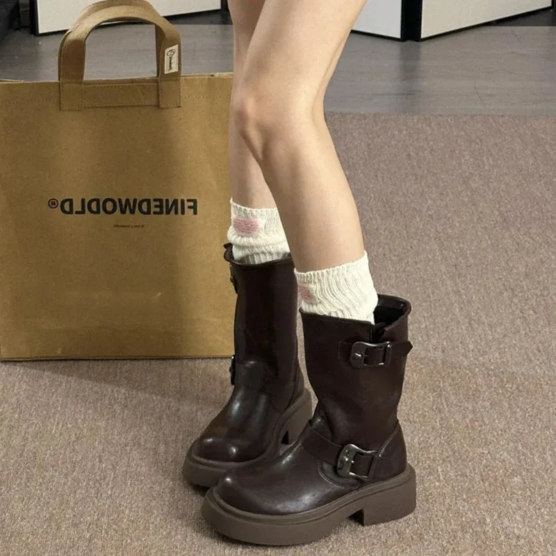 Sohiwoo Vintage Thick Heel Women Ankle Boots Fashion Platform Belt Buckle Shoes British Style Laides Concise Short Booties