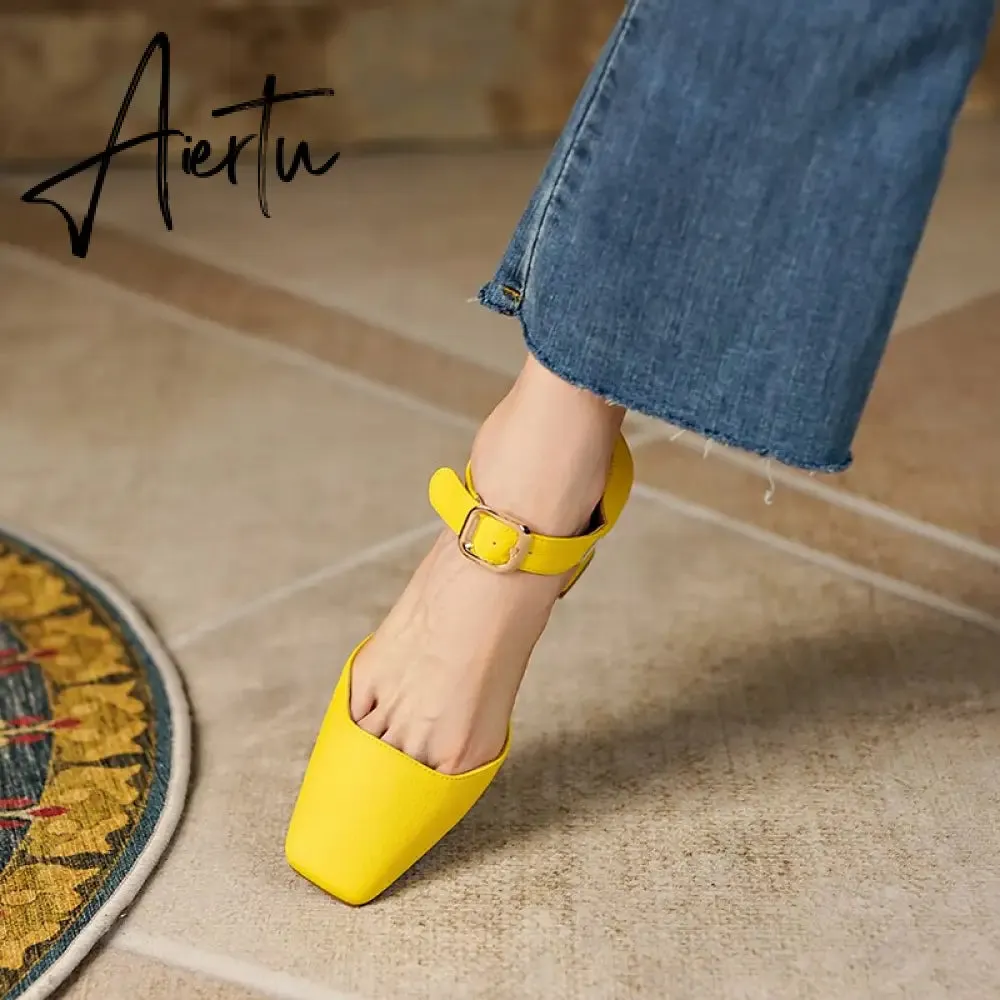 Summer New Women Shoes Square Toe High Heels Cover Heel Shoes Women Genuine Leather Women Sandals Concise Retro Mary Janes