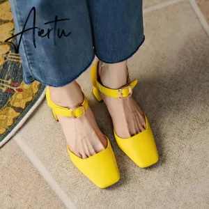 Summer New Women Shoes Square Toe High Heels Cover Heel Shoes Women Genuine Leather Women Sandals Concise Retro Mary Janes