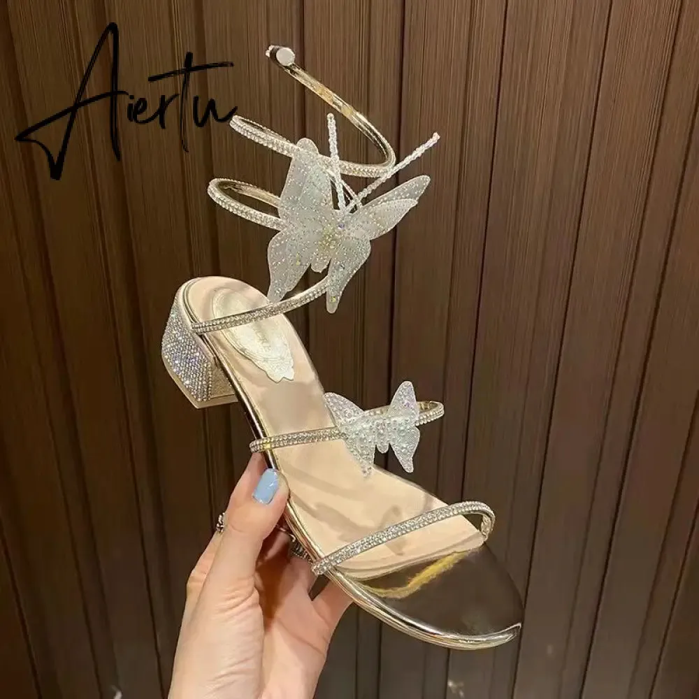 Summer New Women's Sandals Fashion Luxury Rhinestone Butterfly Snake Surround Chunky Heel Banquet Shoes