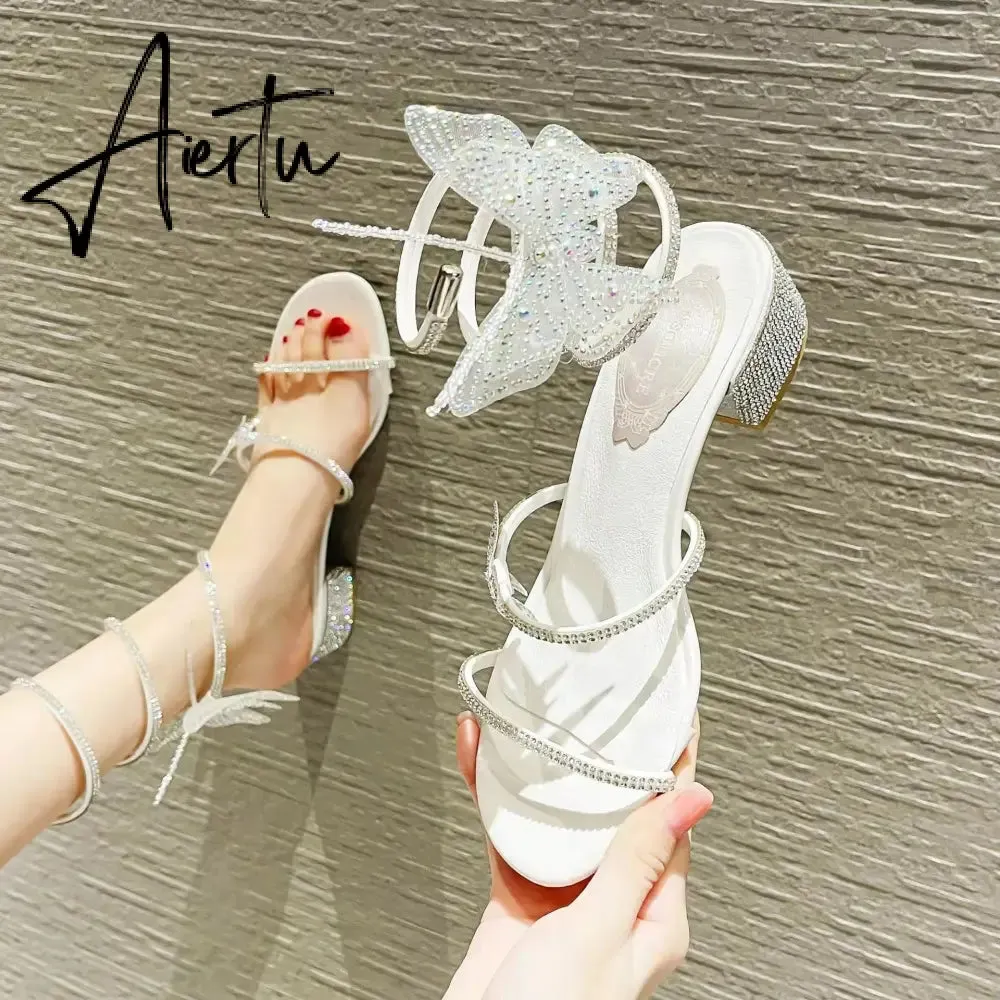 Summer New Women's Sandals Fashion Luxury Rhinestone Butterfly Snake Surround Chunky Heel Banquet Shoes